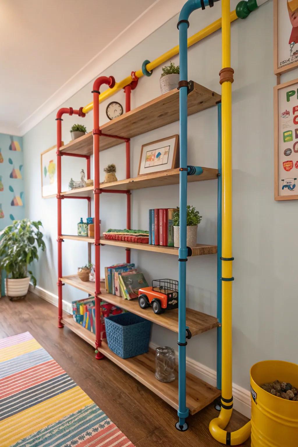 Transform play and storage into art with colorful pipe shelving for kids' rooms!