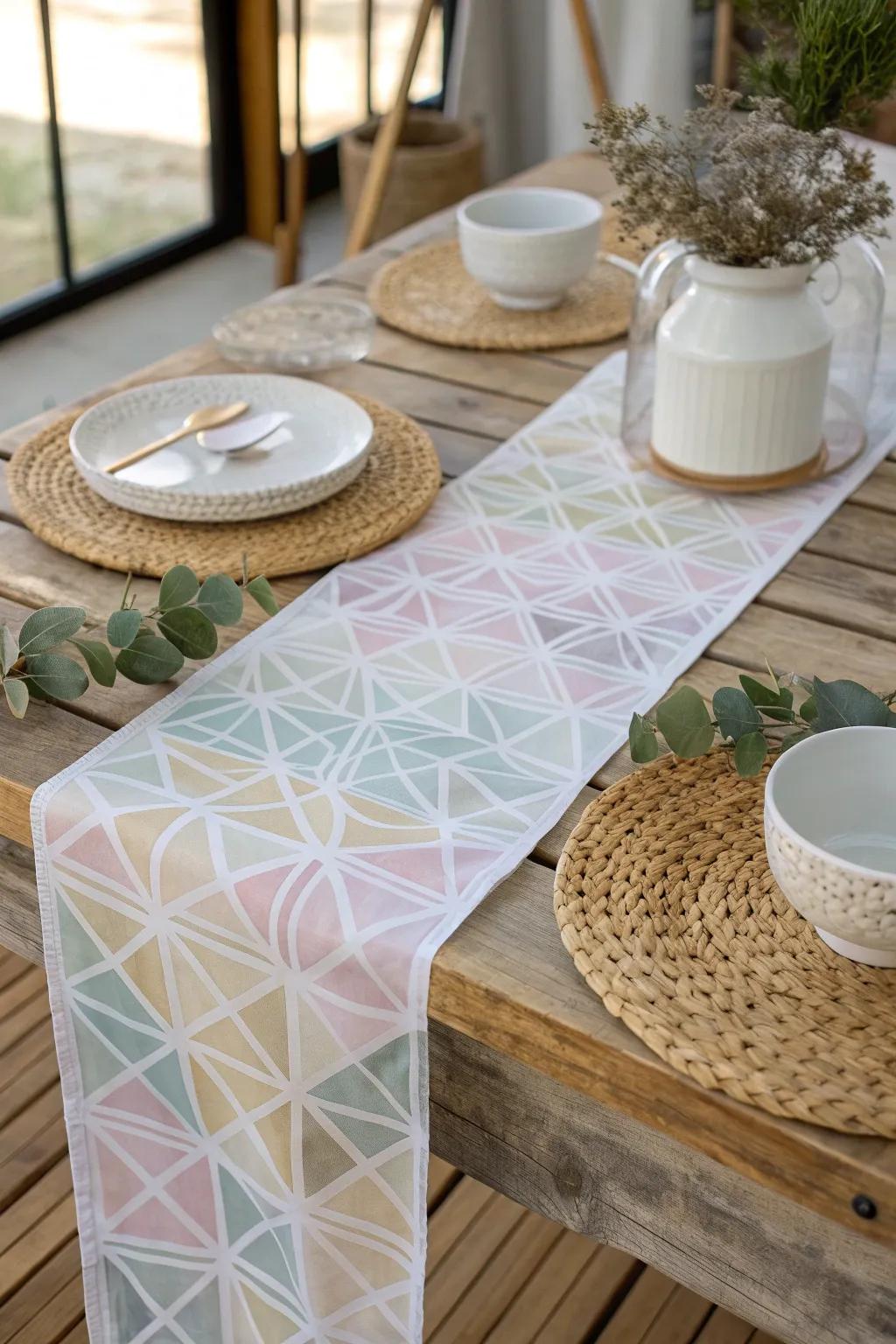 Elevate your table setting with a chic stenciled plastic table runner, where modern design meets natural elegance.