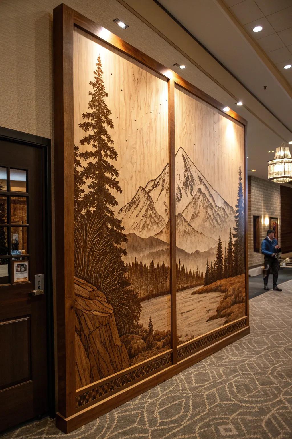 Transform your space with a statement wood panel featuring a masterful mountain scene in pyrography.