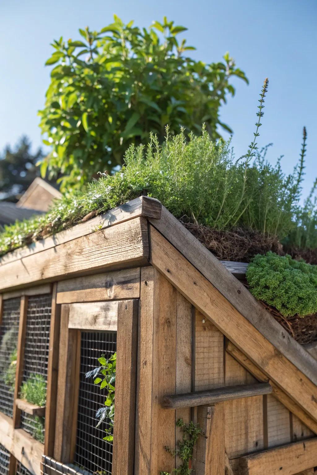 Elevate your quail pen with a verdant herb garden roof, blending functionality with fine craftsmanship.