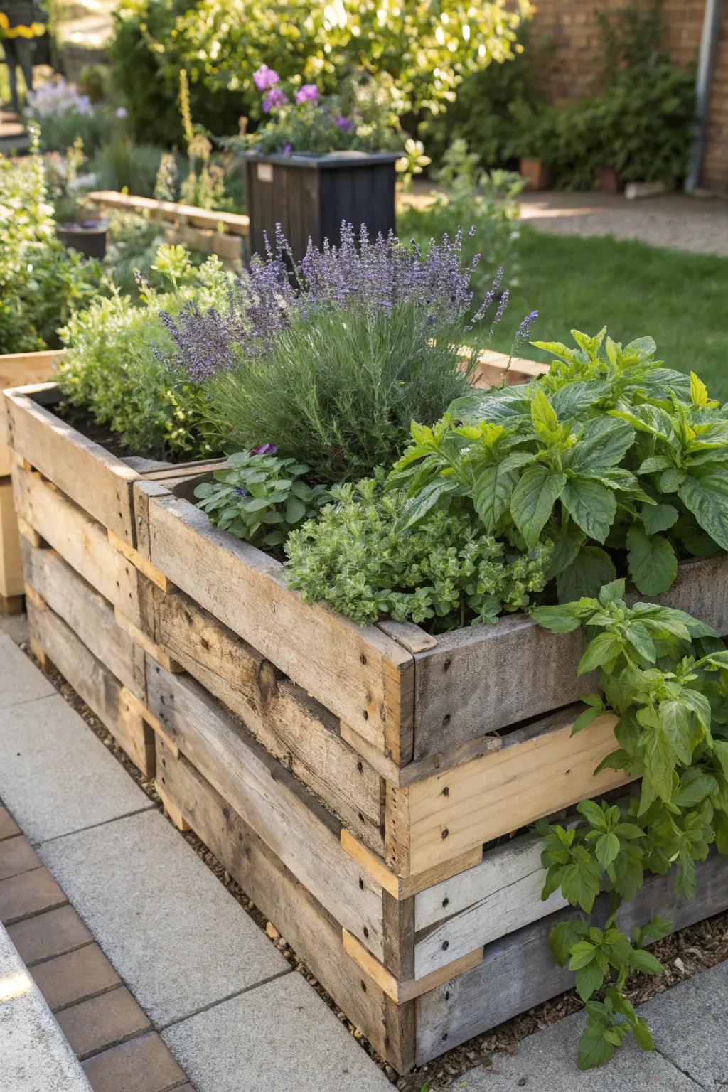 Transform your space with a handcrafted pallet garden bed brimming with aromatic delights.