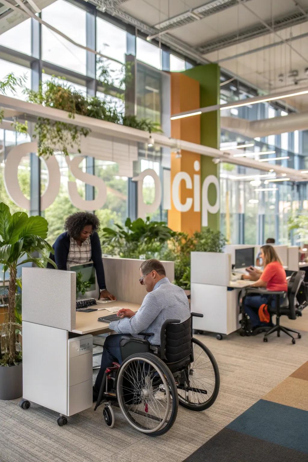 An inclusive office design with features catering to all abilities.