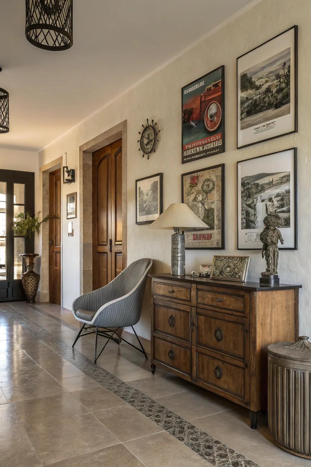 Combining modern and vintage elements creates a timeless and personalized entryway.