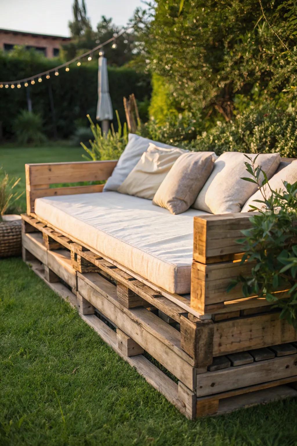 Relax in style with this handcrafted pallet daybed, your perfect sun-soaked retreat.