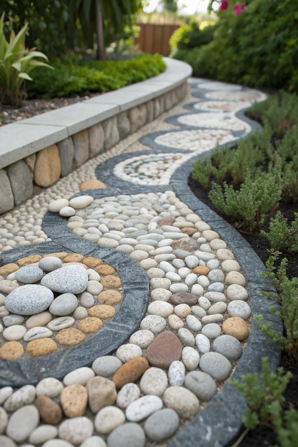 Elevate your garden's drainage with a stunning pebble mosaic masterpiece.