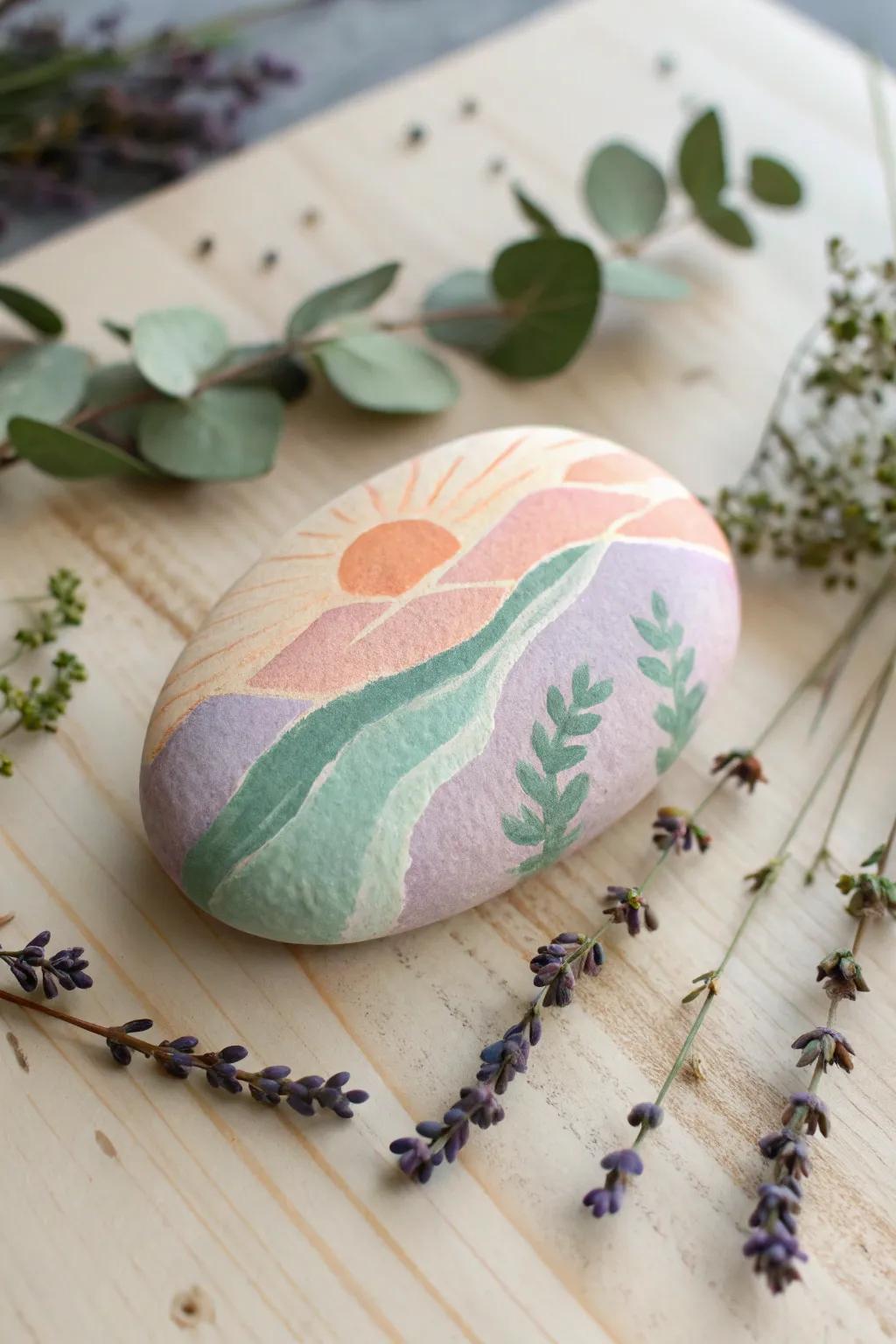 Embrace creativity with an abstract sunset on a painted rock—where simplicity meets artistry.