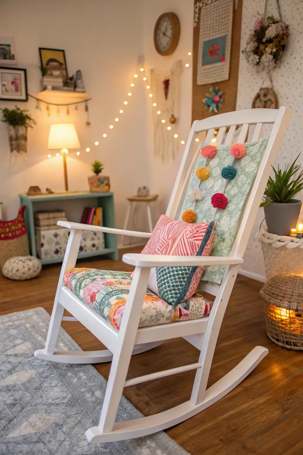 A rocking chair showcasing a stunning DIY makeover.