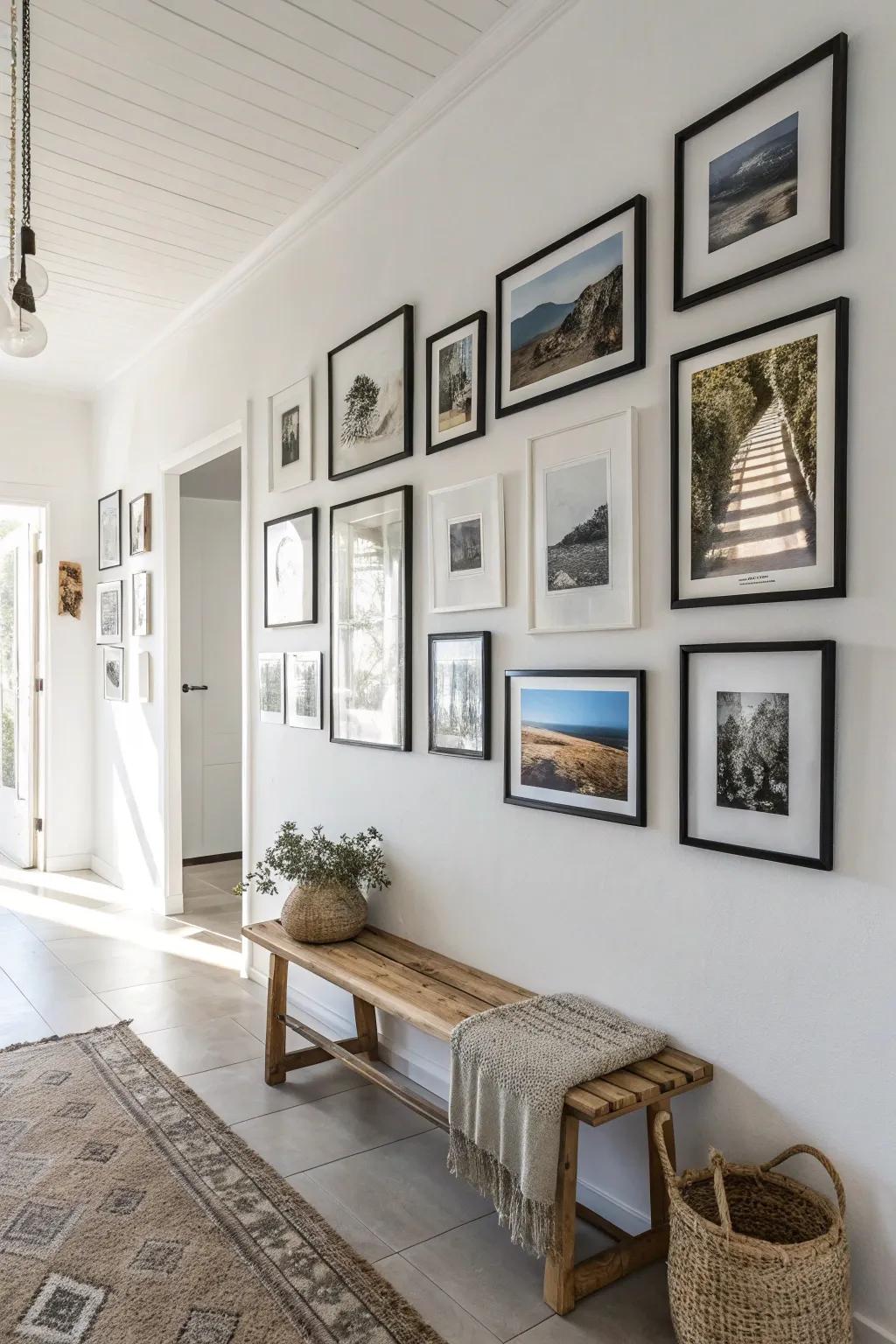 Transform your hallway into a personal art gallery with a curated collection of your favorite memories and prints.