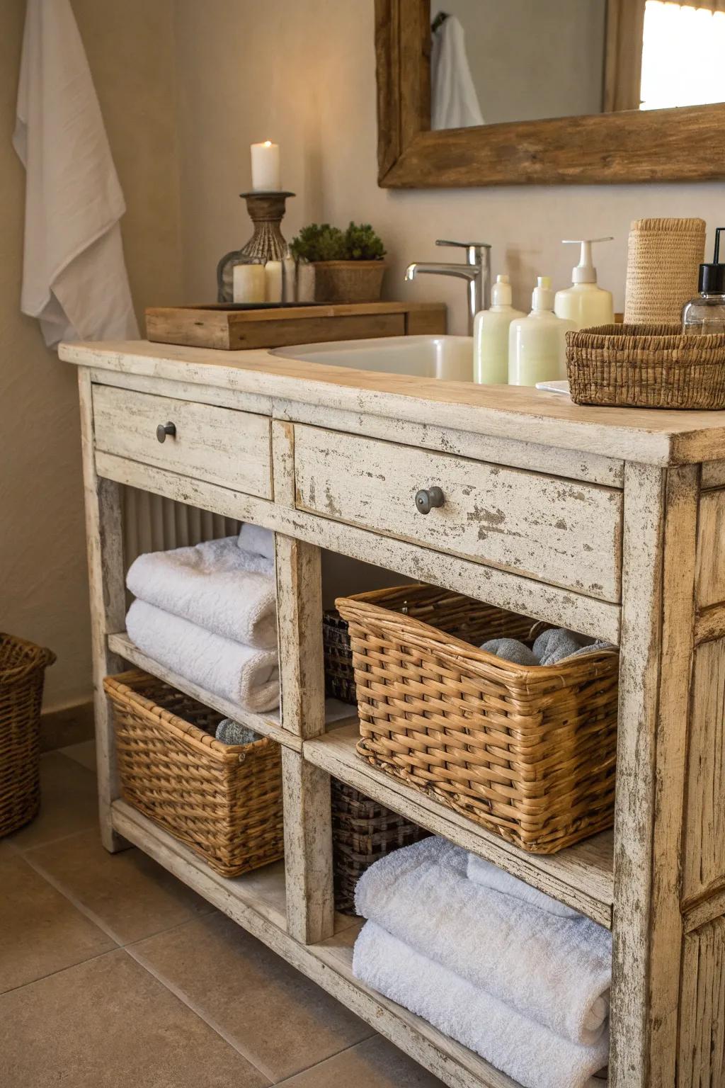 A rustic bathroom vanity with wicker baskets for storage.