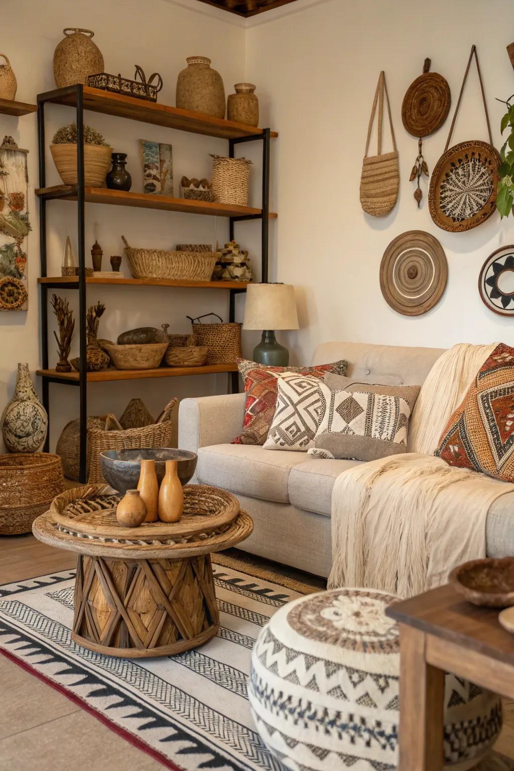 Artisanal craft pieces add a personal and rustic touch to the decor.