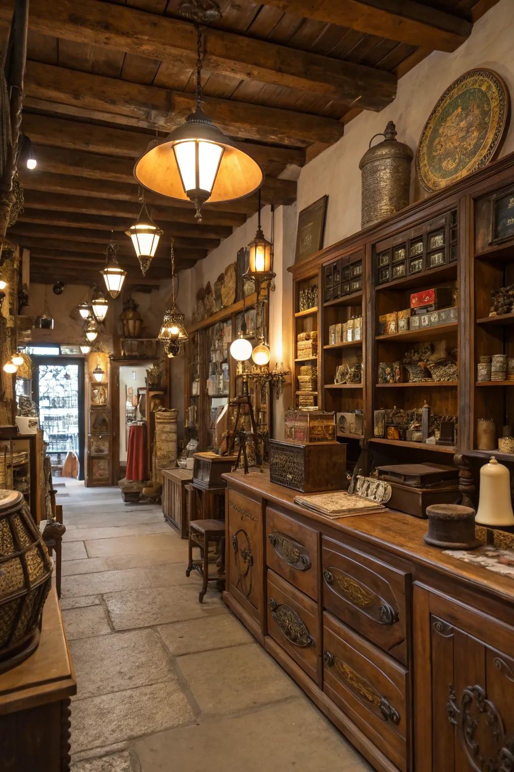 Historical elements create a narrative and enrich this rustic shop's atmosphere.