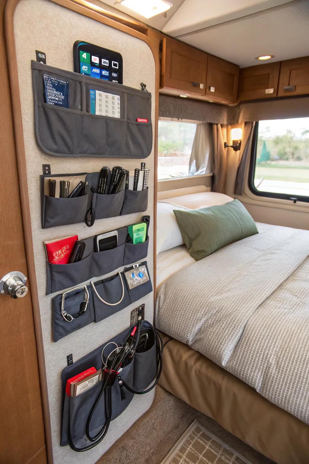 Velcro pouches offer convenient wall storage for gadgets.
