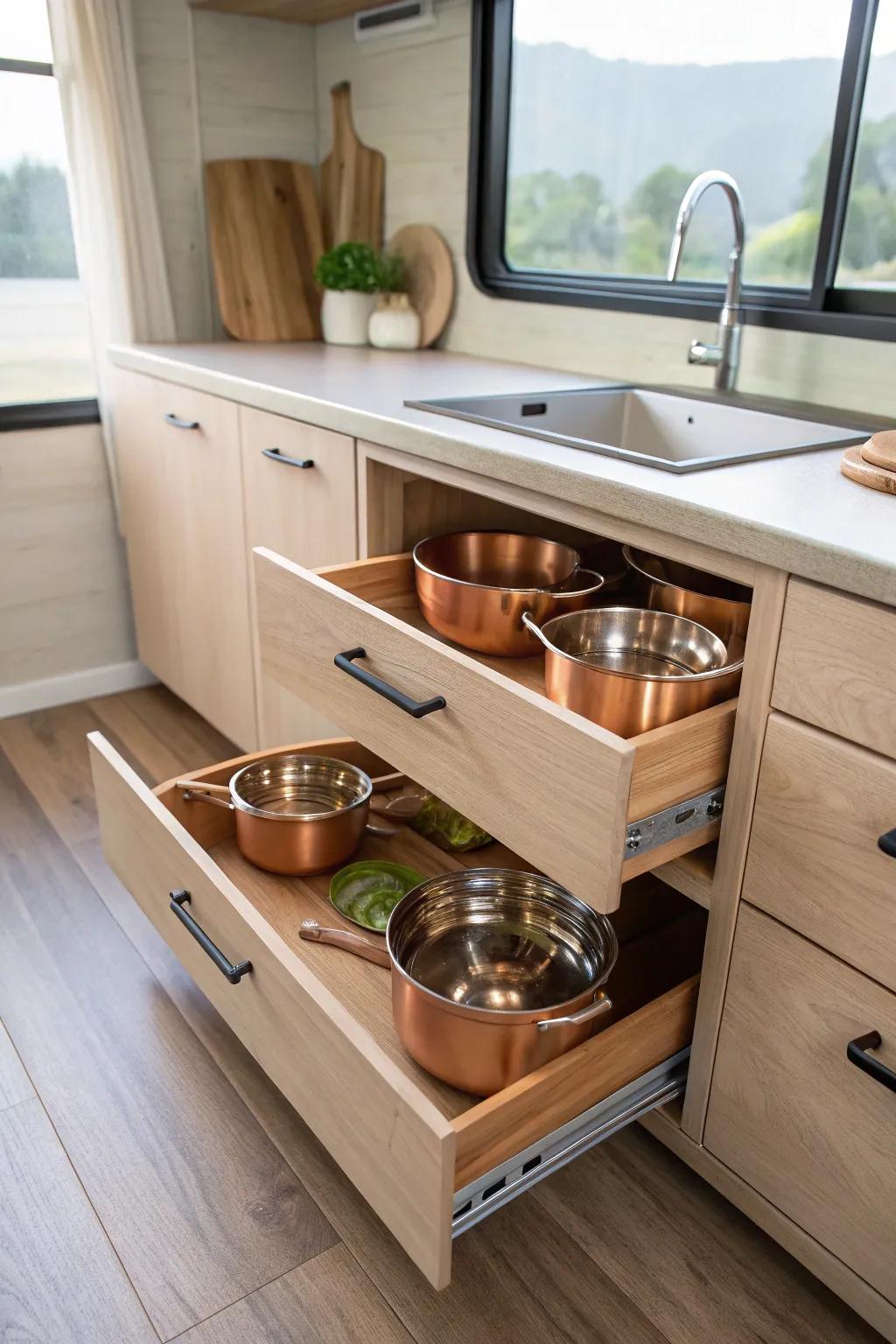 Effortless elegance meets functionality in RV kitchen storage.