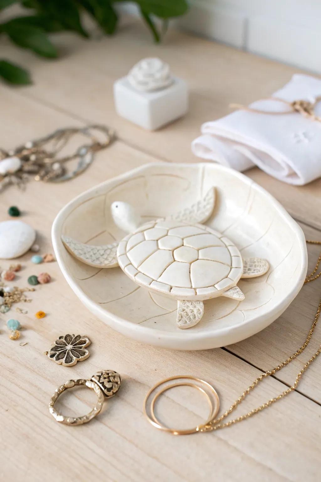 Add a splash of oceanic charm to your dresser with this handcrafted clay sea turtle jewelry dish.