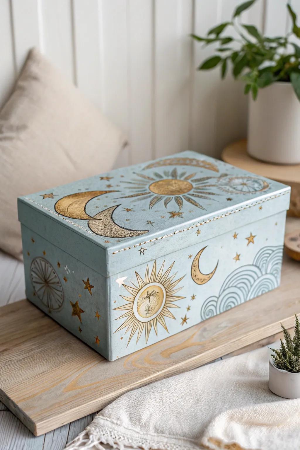 Unlock the magic of the cosmos with this celestial-themed shoe box, a perfect blend of artistry and simplicity.