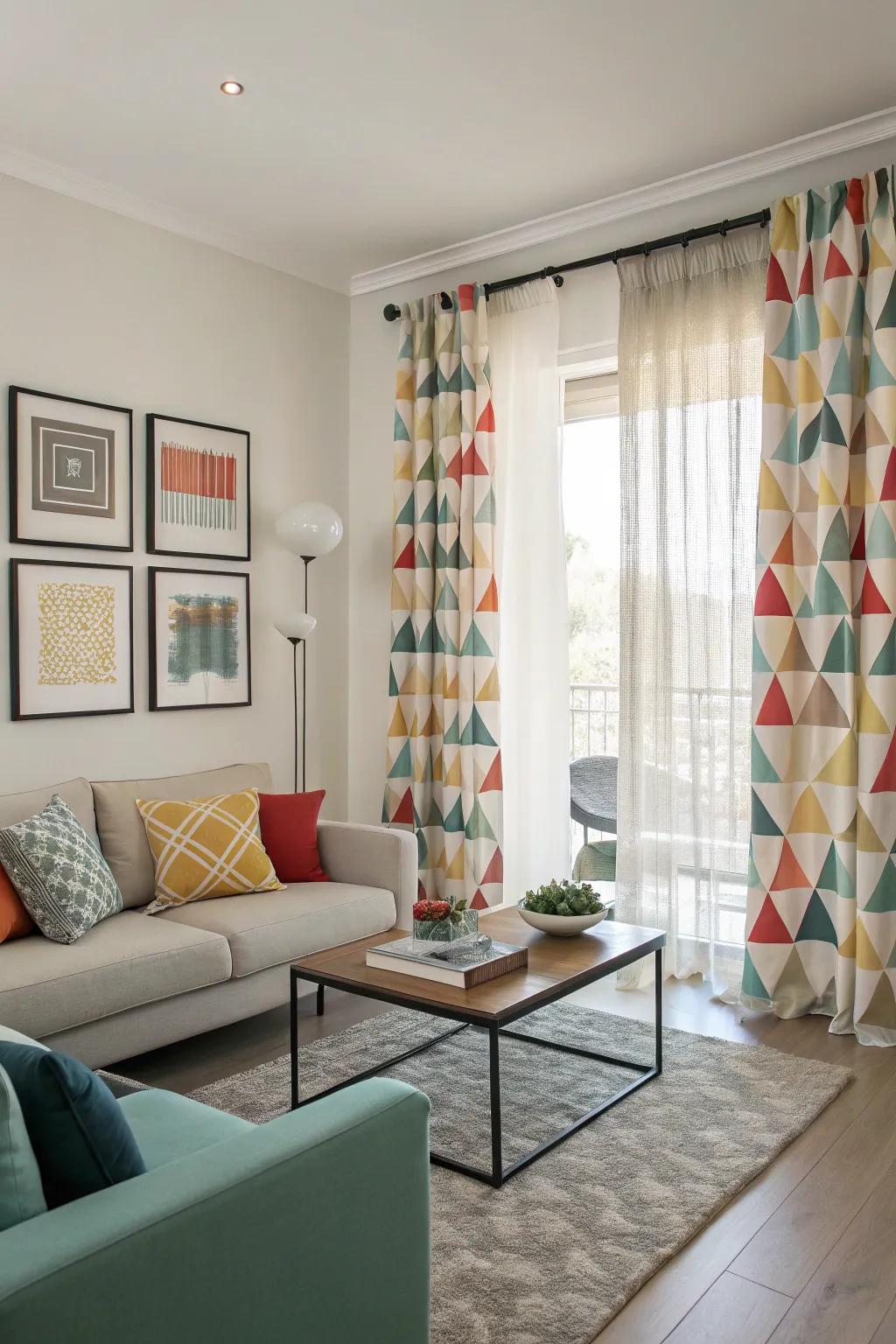 Geometric short curtains adding a contemporary edge.