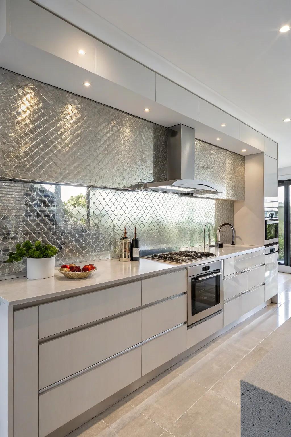 A contemporary kitchen featuring a custom artistic silver backsplash.