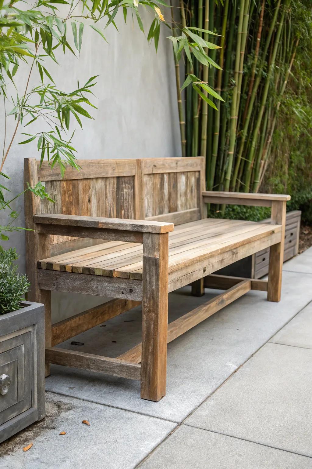 Elevate your patio with eco-friendly elegance: a reclaimed wood bench that blends craftsmanship and sustainability.