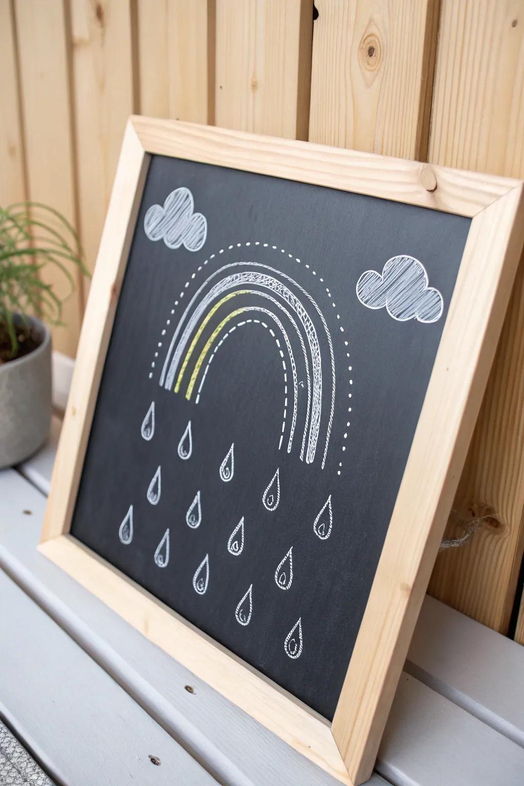 Embrace the serenity of spring with minimalist chalkboard art: raindrops leading to a rainbow, a reminder of nature's gentle beauty.