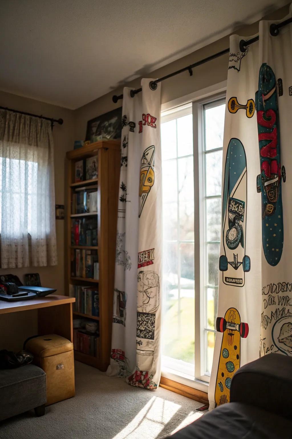 Skateboard-themed curtains adding a cohesive finish to the decor.