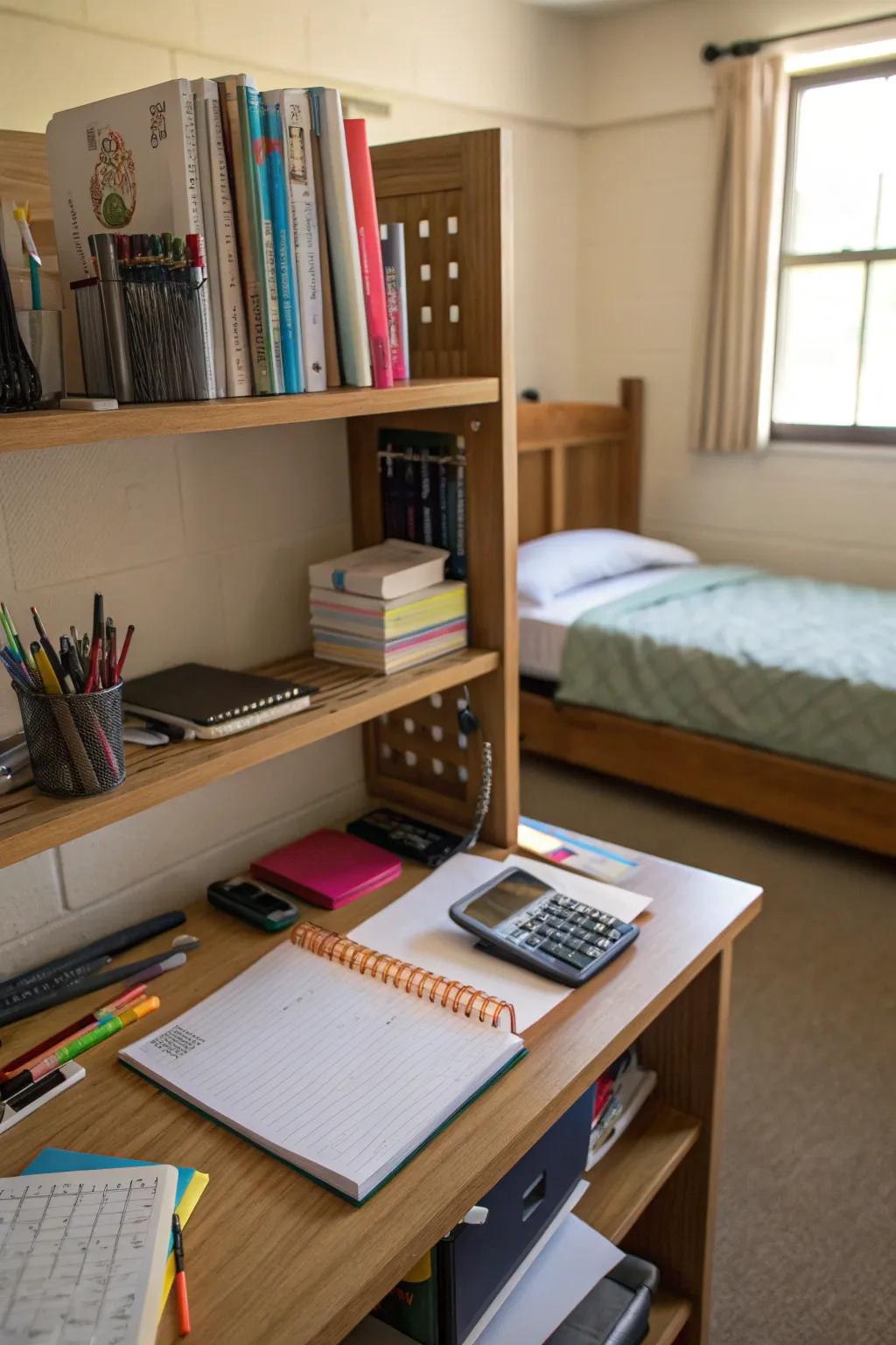 Over-the-desk shelving provides extra space for school supplies.