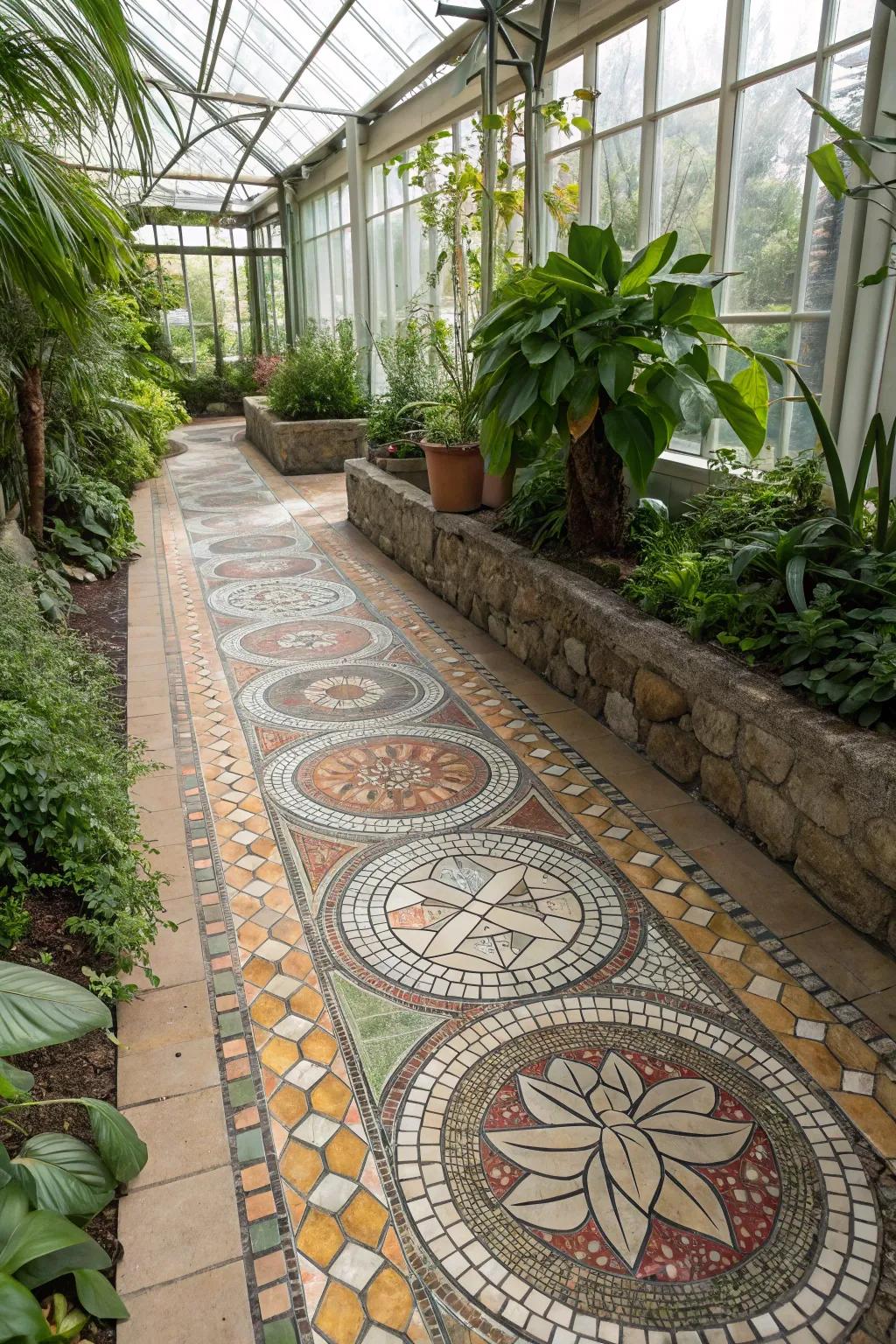 Transform your greenhouse with a stunning mosaic pathway that adds a pop of color and charm.