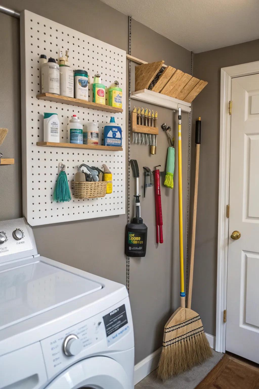 Pegboards offer versatile storage solutions.