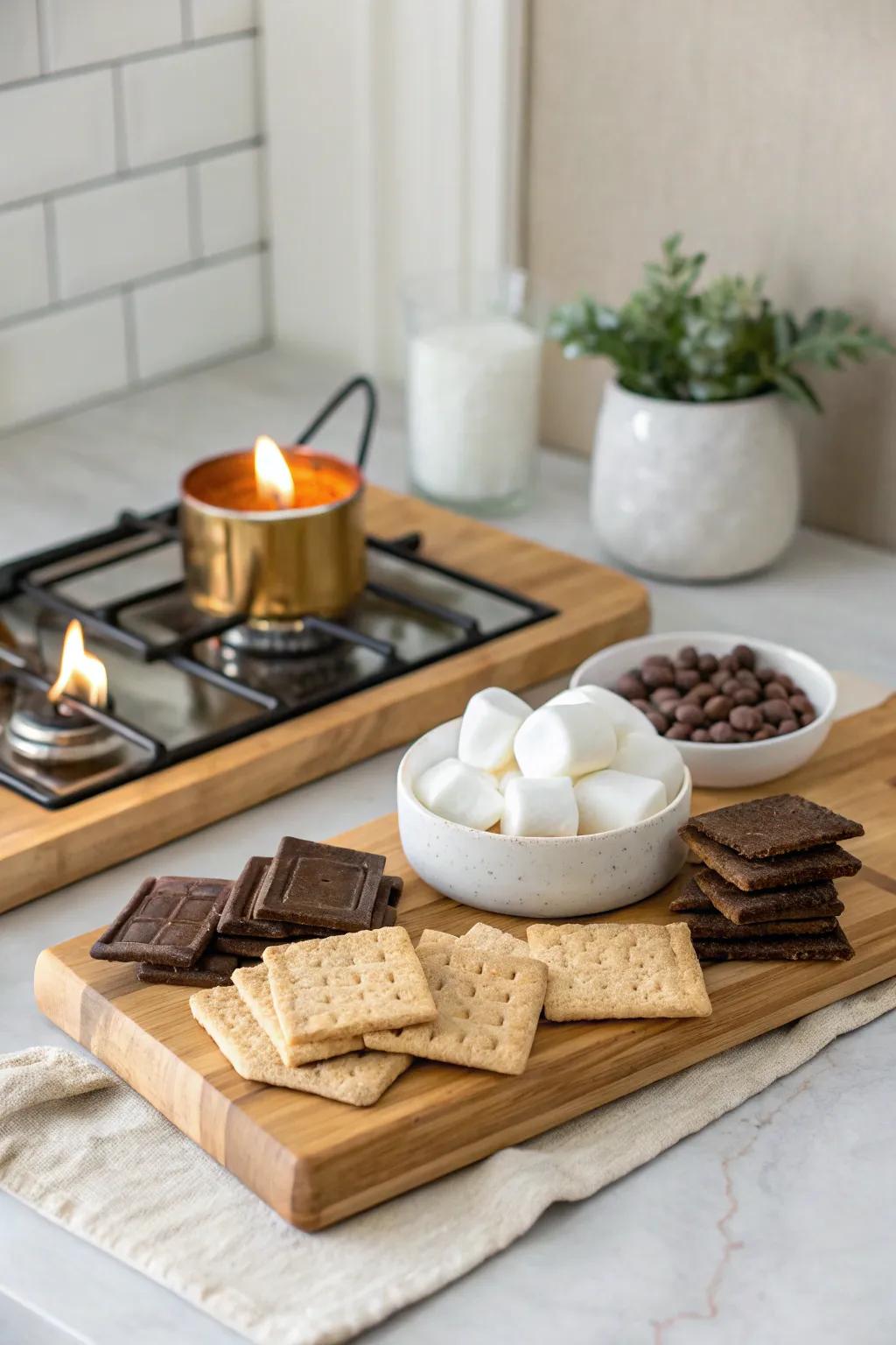 Indulge in effortless elegance with our fireplace-free s'mores setup - perfect for cozying up indoors!