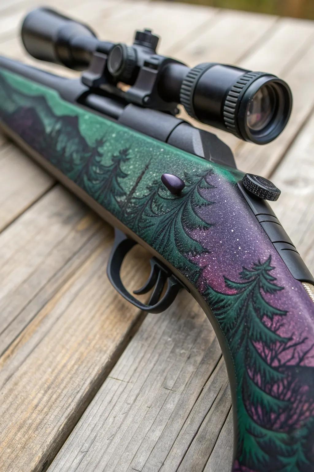 Immerse yourself in the enchanting allure of a mystical forest with this meticulously crafted rifle stock design.