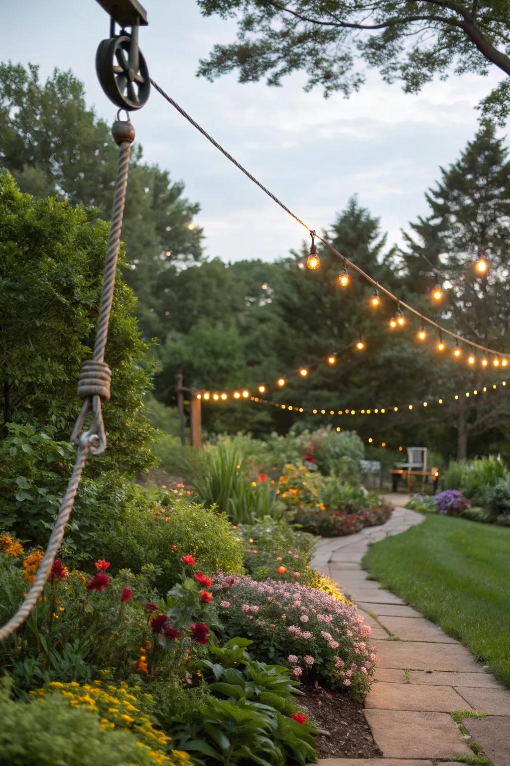 A rope and pulley system offers flexibility for adjusting string light heights.