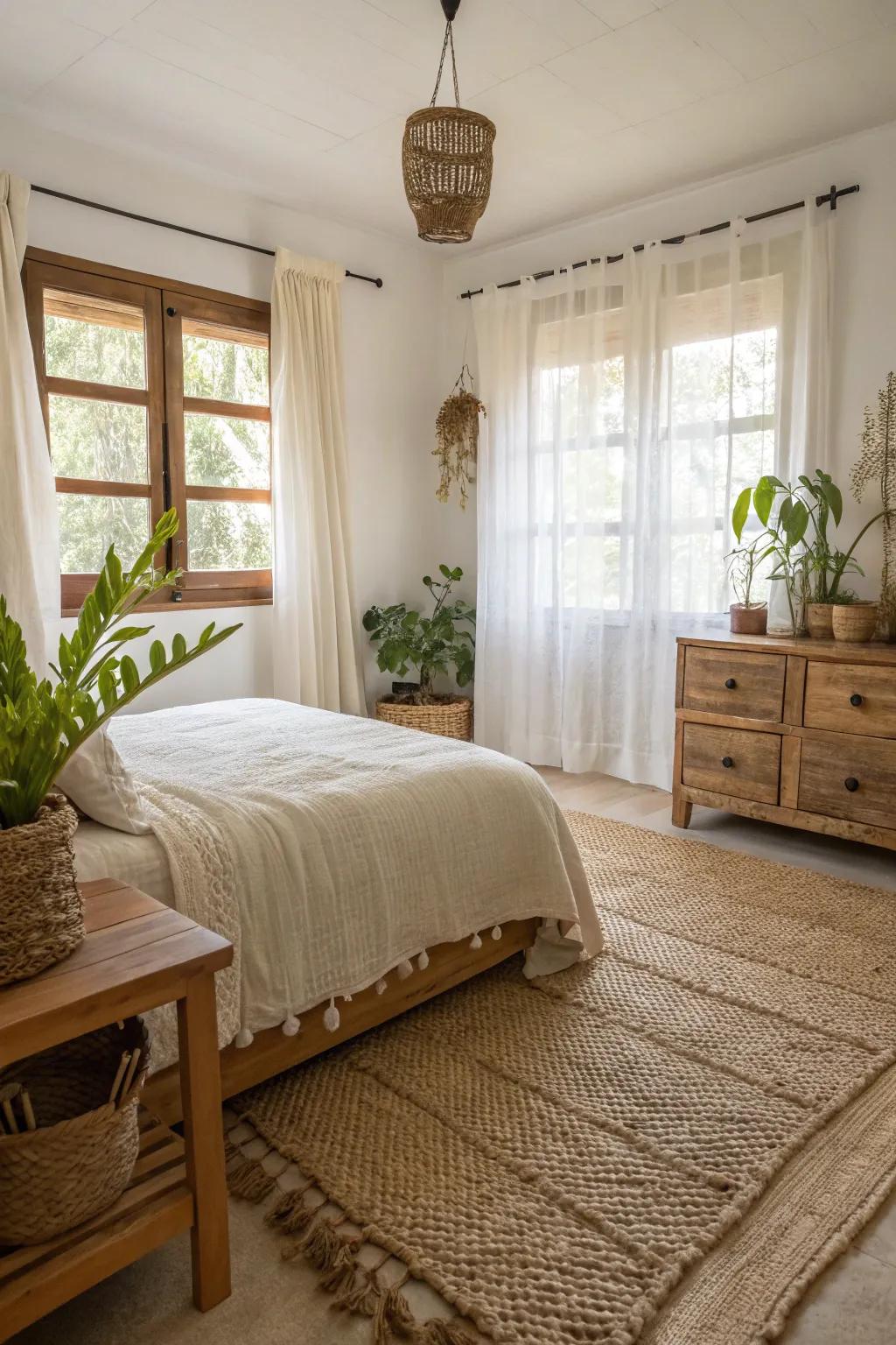 Straw or jute rugs add a rustic, natural element to your bedroom floor.