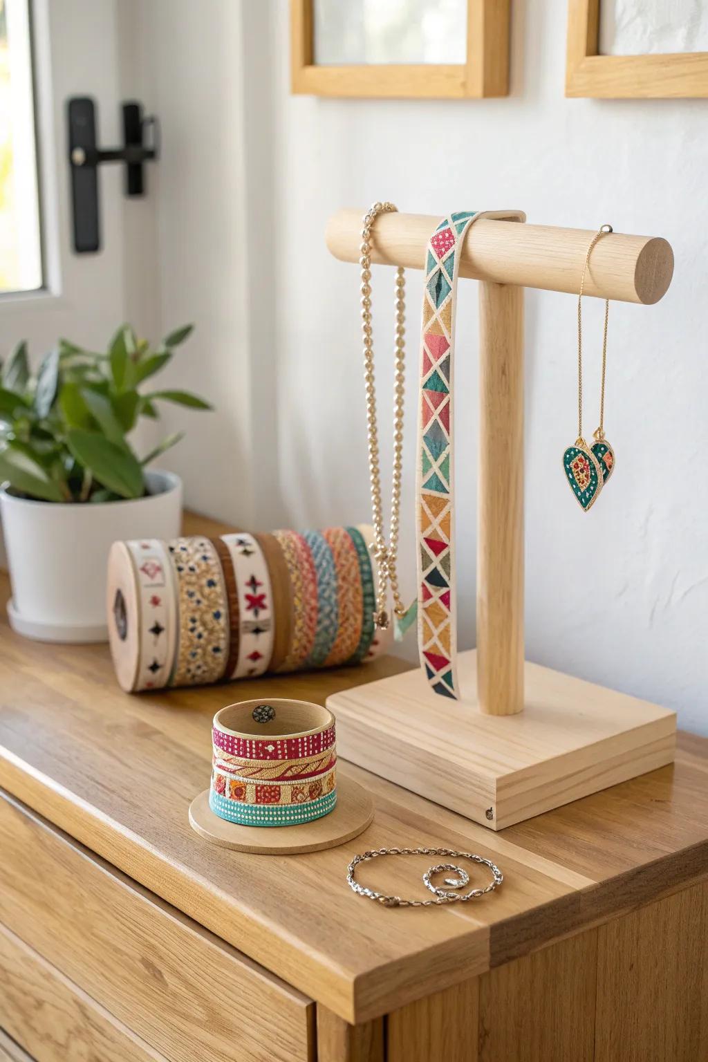 Transform simplicity into a vibrant masterpiece with this tape art jewelry stand!