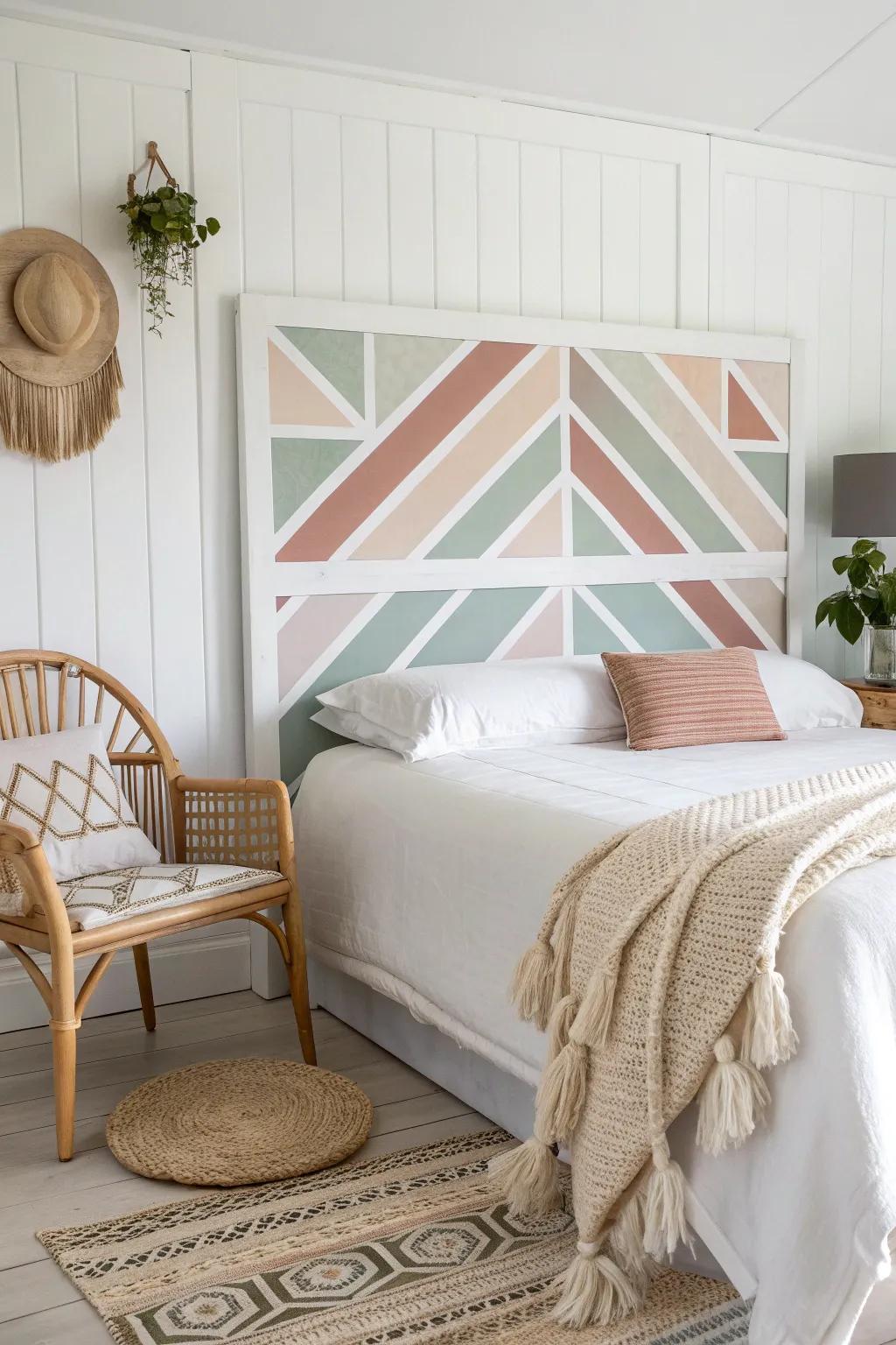 Transform your bedroom into a work of art with a tape-painted headboard that blends minimalist elegance with Boho charm.