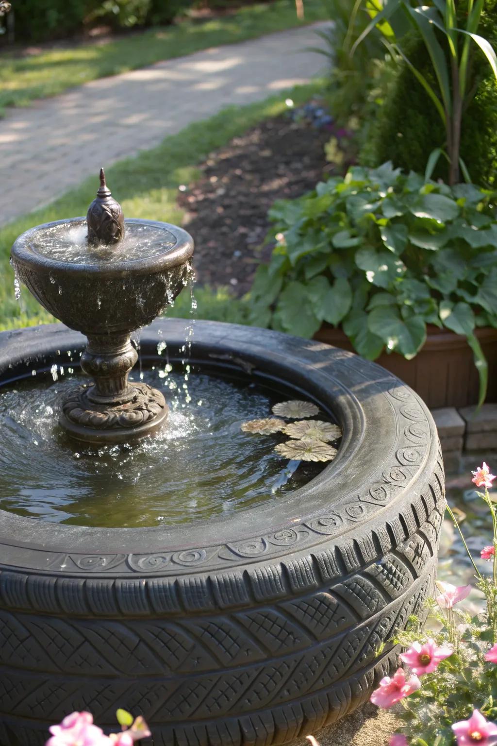 Transform your garden with a handcrafted tire planter featuring a soothing water fountain.
