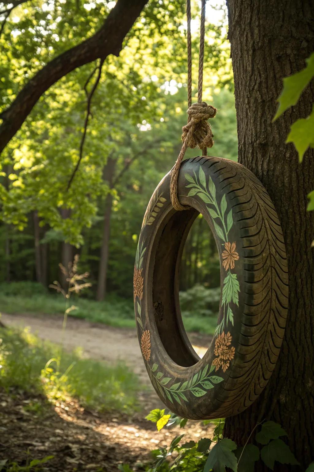Embrace the outdoors with a nature-inspired tire swing, seamlessly blending art and nature.