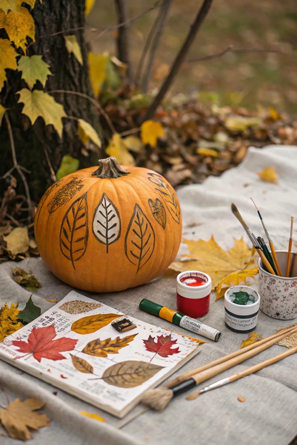A nature-themed pumpkin with leaf prints.