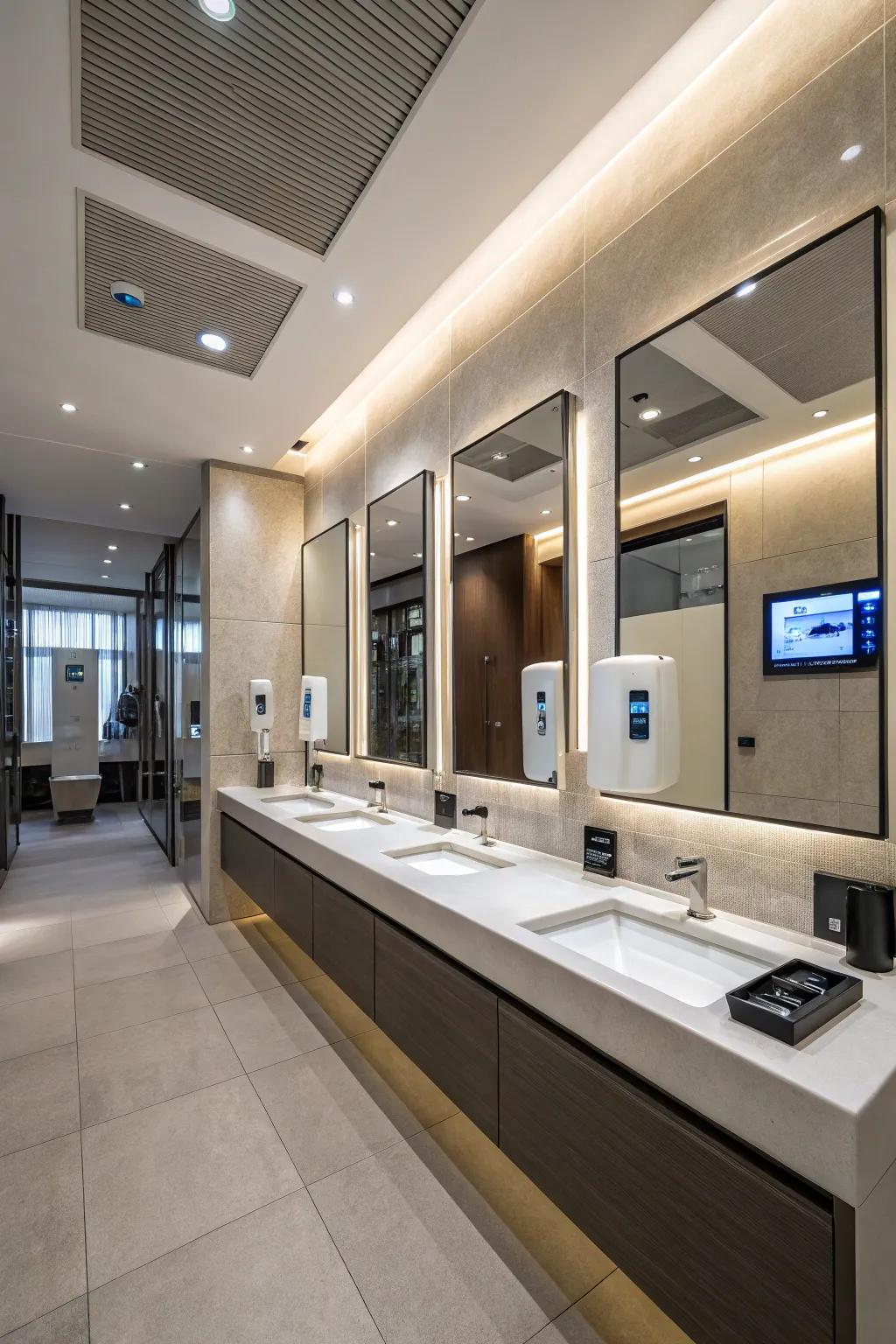 Smart technology enhances the functionality of a transitional bathroom.