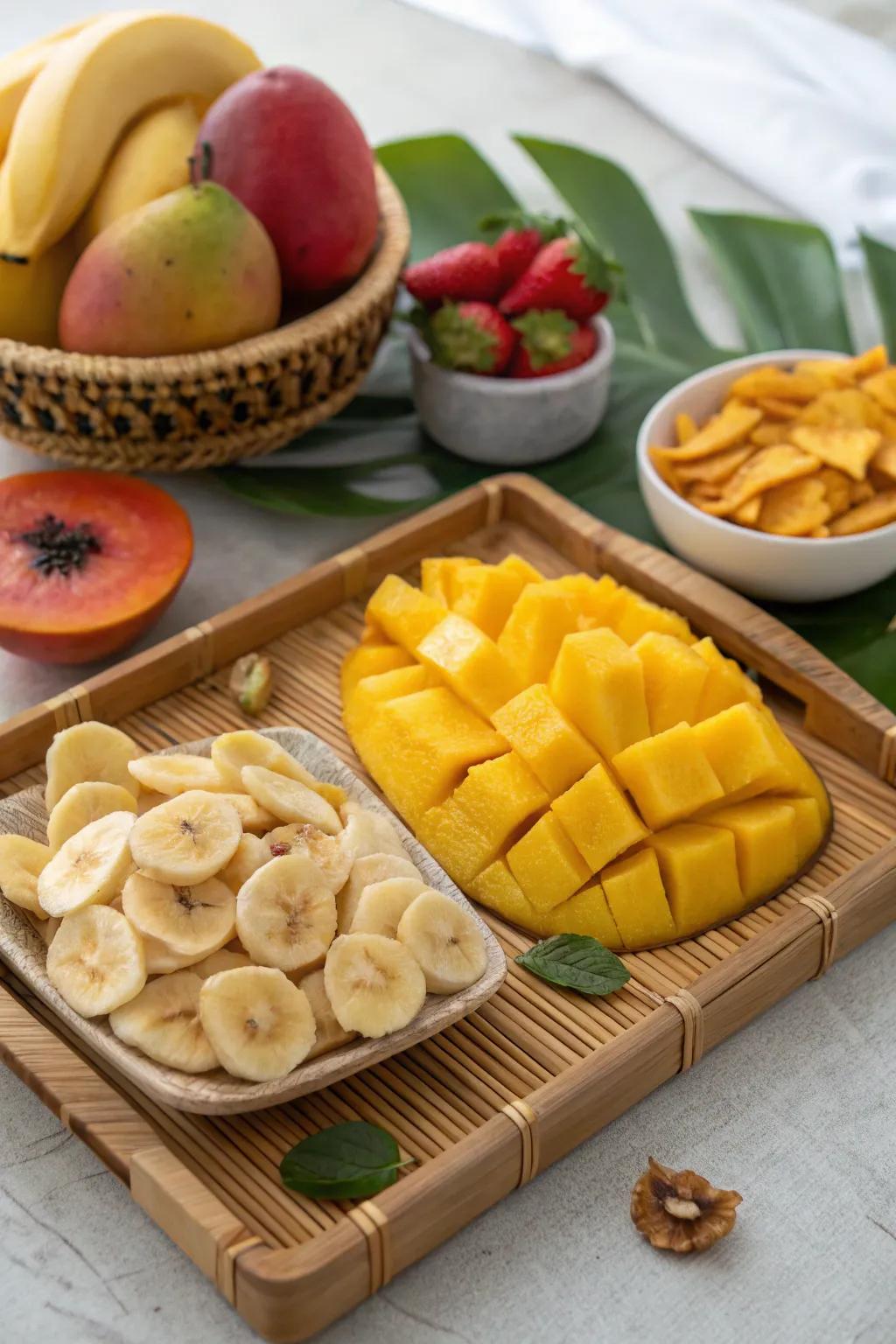 Dried fruits add texture and a unique flavor to this tropical arrangement.