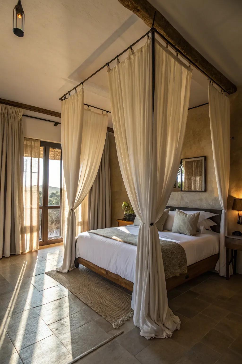 Curtain dividers offer flexibility and privacy.