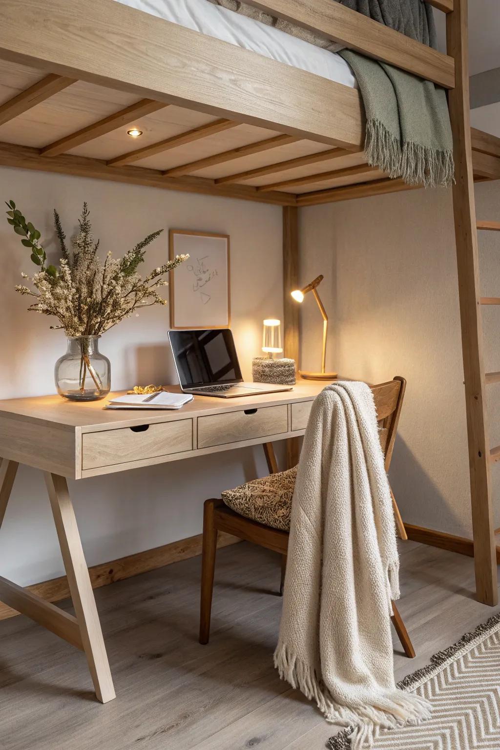 Discover the beauty of simplicity with a hidden desk area under your bed, perfect for late-night inspiration.