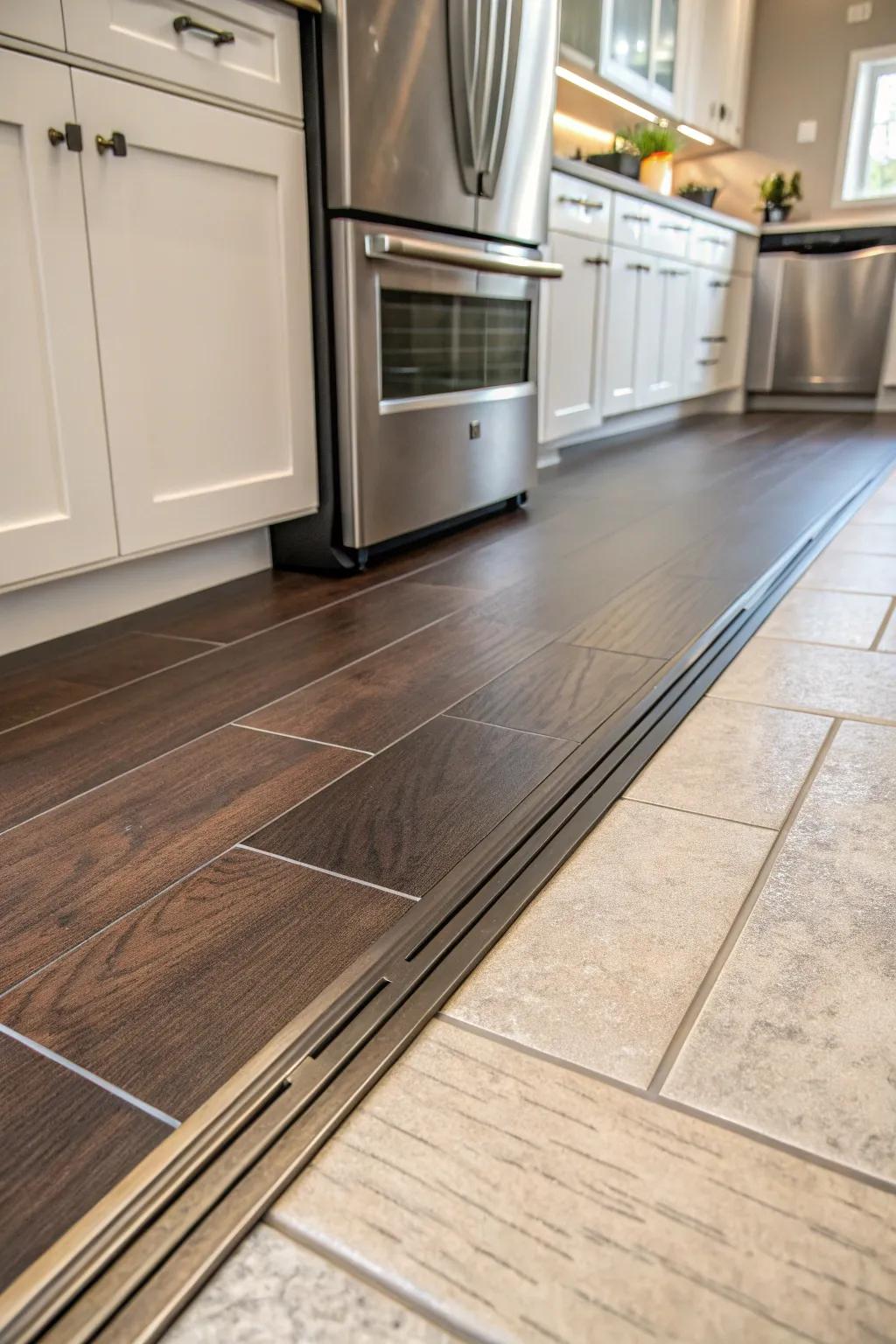 Seamless elegance: A masterful laminate threshold unites diverse surfaces in style.