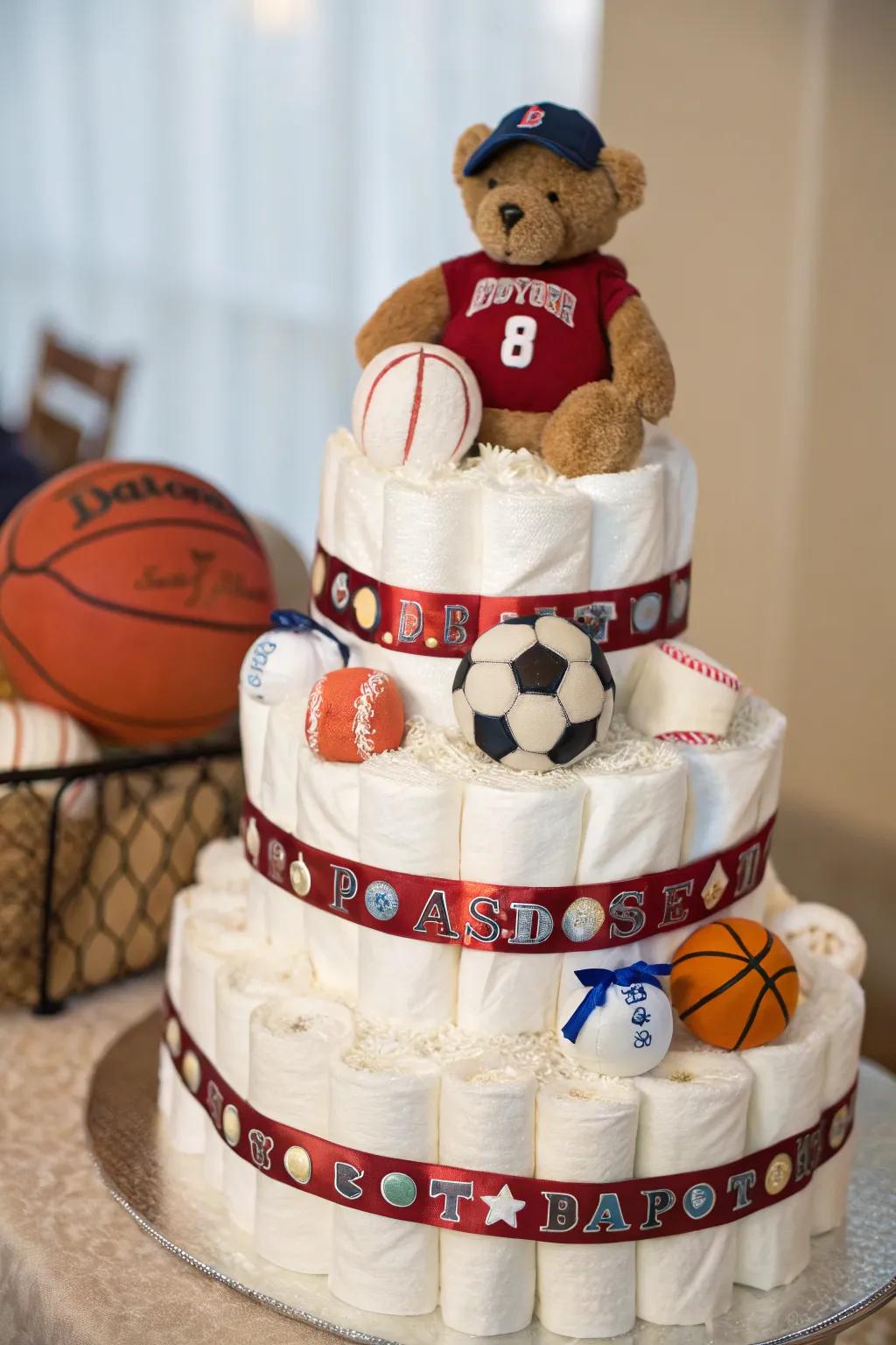 Score big with this charming sports-themed diaper cake for the little MVP!