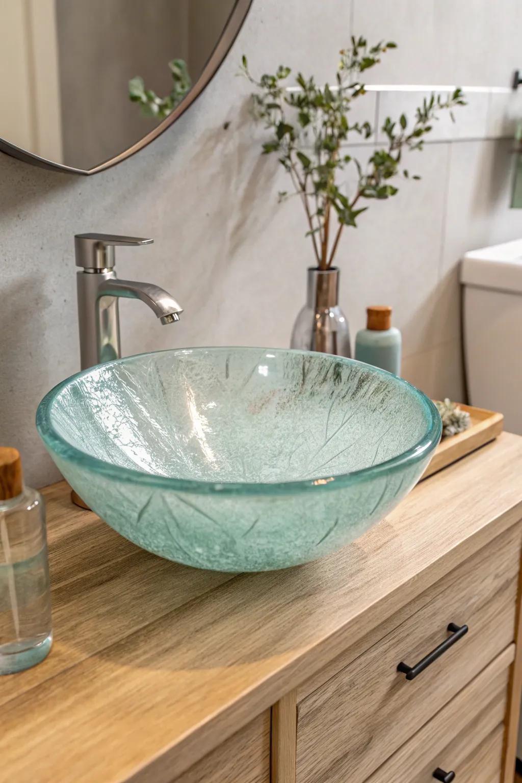 Elevate your bathroom with the elegance of a glass vessel sink, where simplicity meets sophistication.