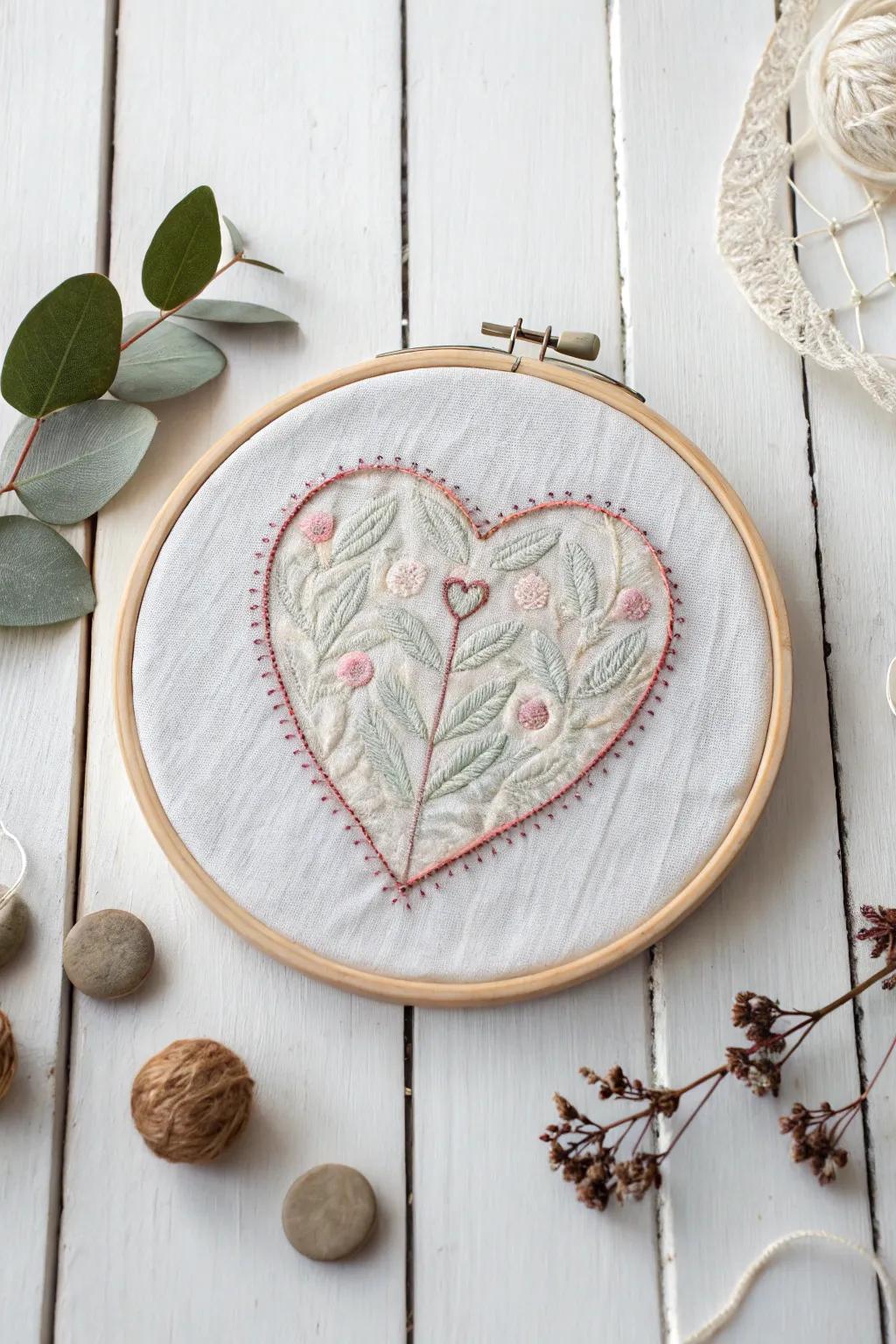 Add a touch of handmade charm to your home with this elegant embroidery hoop heart art. Perfect for a minimalist Valentine's vibe! ❤️