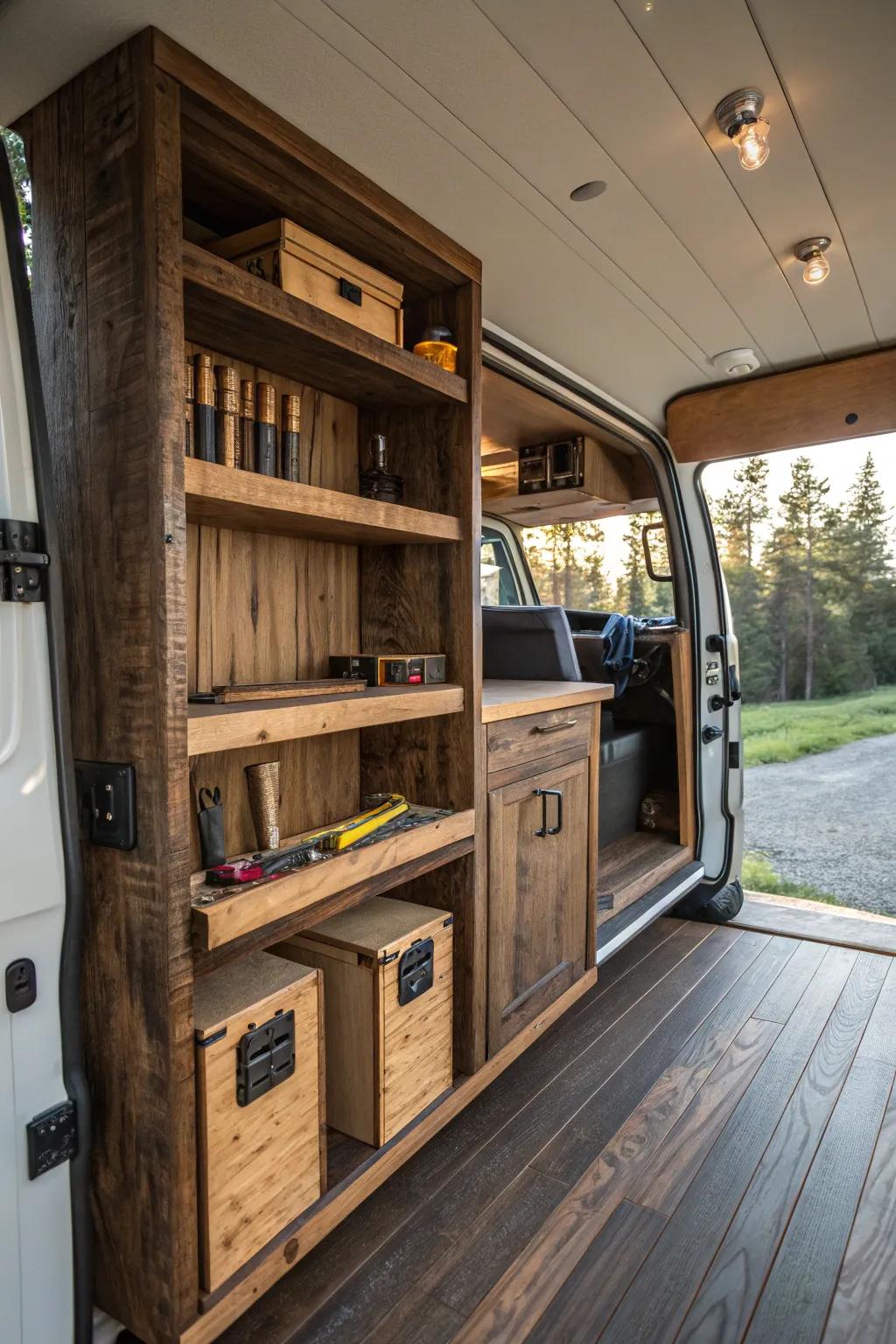 Transform your mobile workshop into a rustic retreat with handcrafted wood accents.