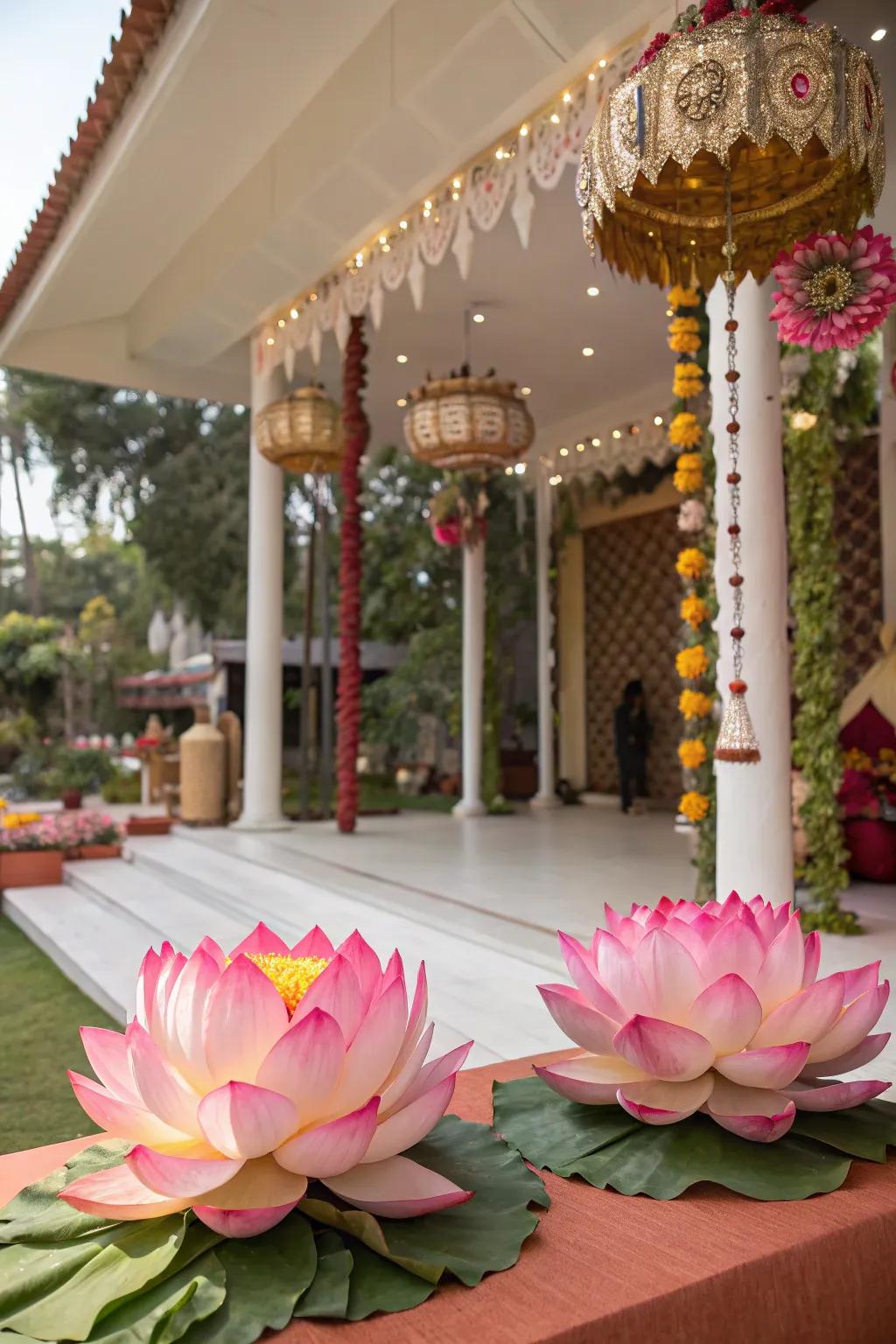 A serene lotus-themed decor for Varalakshmi Vratam.