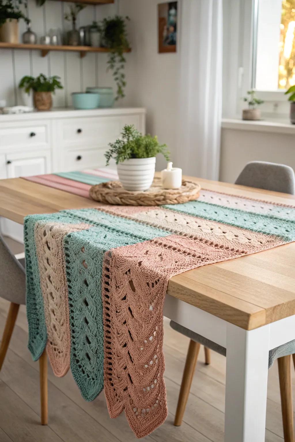 Add a splash of color and elegance to your dining table with this handcrafted variegated yarn table runner.