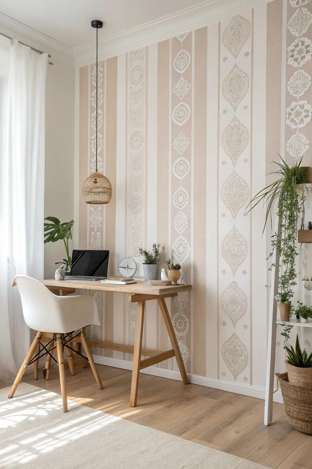 Transform your space with subtle stenciled stripes: a blend of minimalism and boho charm.