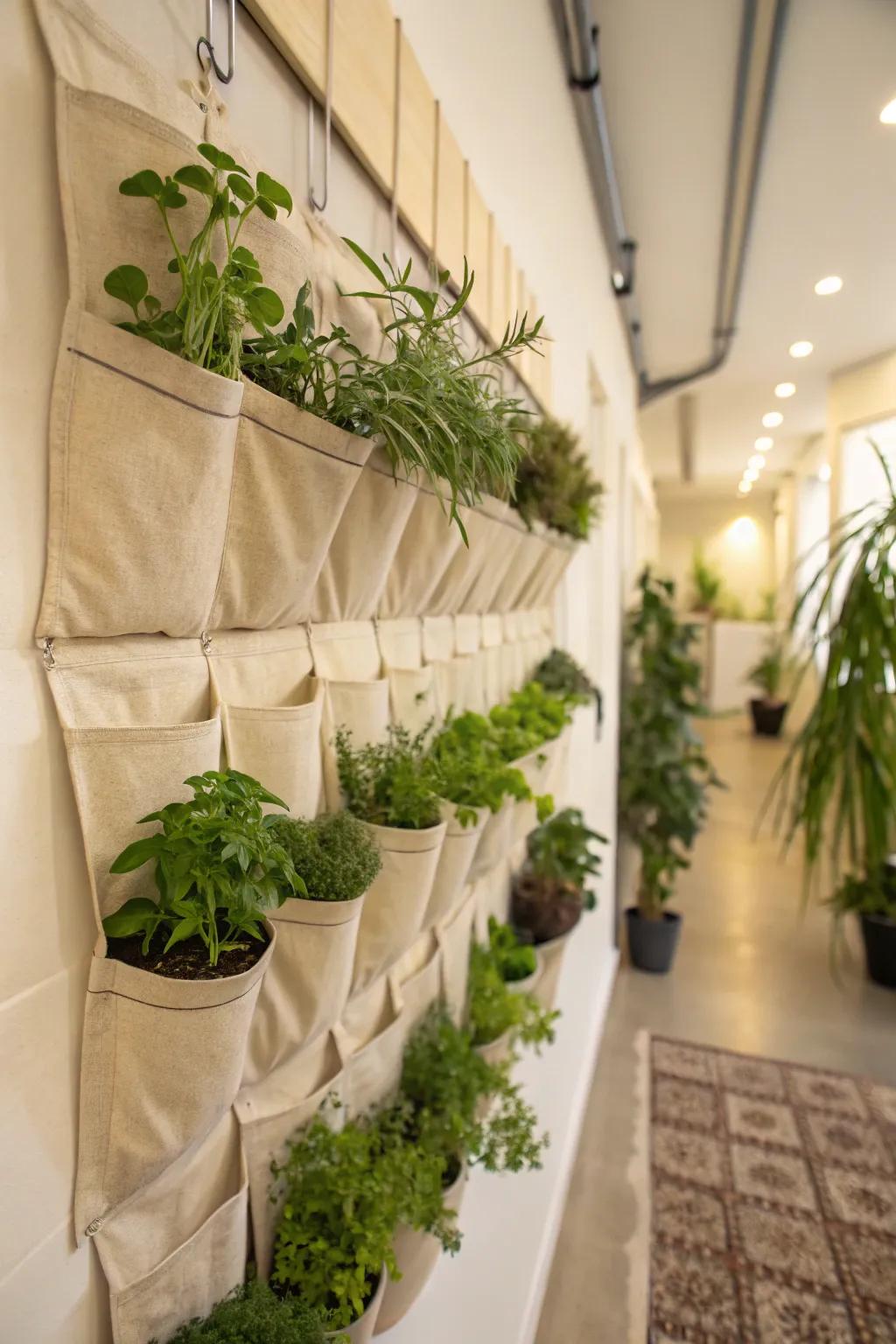 Fabric pockets provide an eco-friendly and flexible solution for indoor wall gardening.