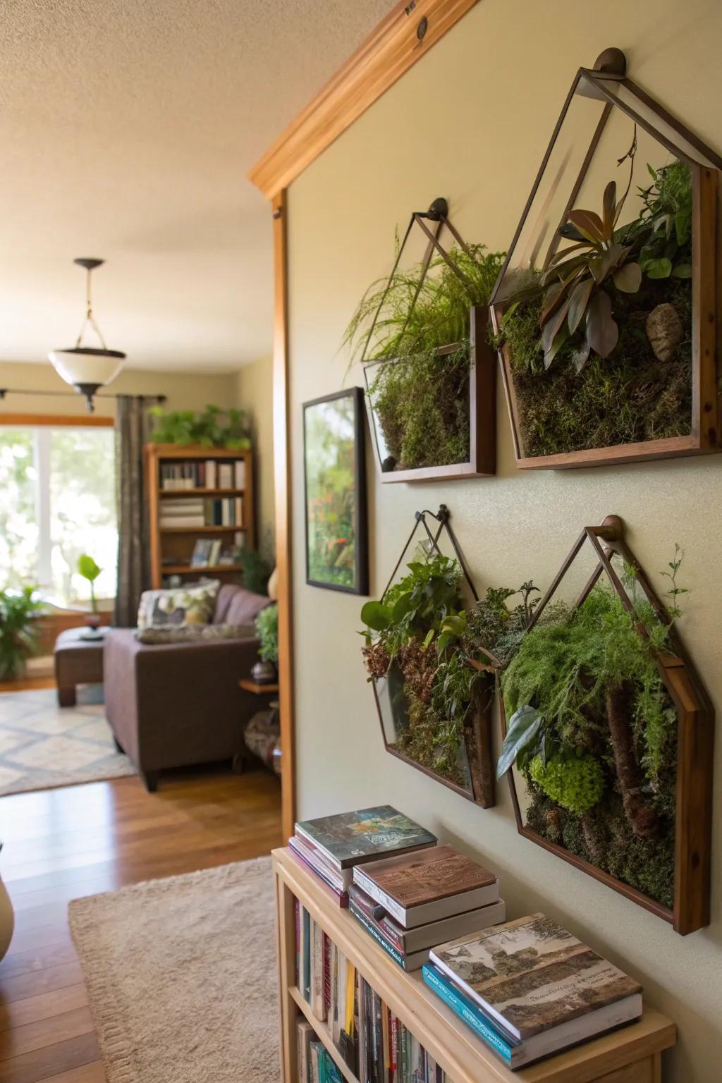 A family room with dynamic wall terrariums, showcasing seasonal plant rotations for a fresh look.
